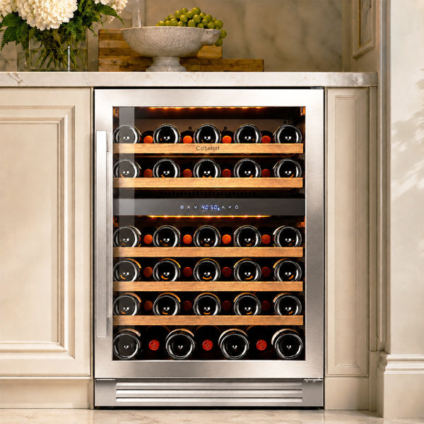 24  52-Bottle Dual Zone Wine Cooler, Built-In & Freestanding, 5 Cu.Ft. Wine Refrigerator with 40–65°F, Amber/Blue/White LED, UV-Protected Double Glass, Hidden Hinges, Frost-Free, Carbon Filter, Front Vent, Compressor & Fan Cooling Wine Fridge