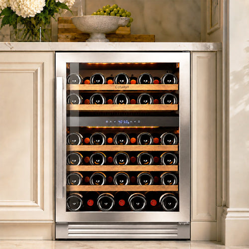 24  52-Bottle Dual Zone Wine Cooler, Built-In & Freestanding, 5 Cu.Ft. Wine Refrigerator with 40–65°F, Amber/Blue/White LED, UV-Protected Double Glass, Hidden Hinges, Frost-Free, Carbon Filter, Front Vent, Compressor & Fan Cooling Wine Fridge