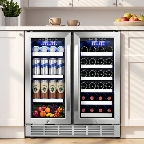 30  Wine and Beverage Refrigerator 33 Bottle & 130 Cans Built-in Wine Cooler with Four Handle Dual Zone
