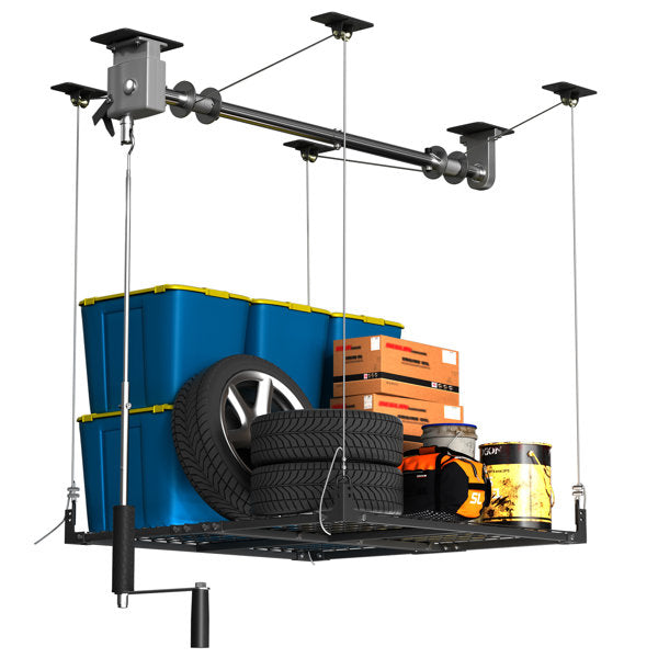 4x4 Ft Overhead Garage Storage Rack with Lifting,400lbs Garage Storage Lift for Ceiling,Heavy-Duty Ceiling Mounted Lift System and Storage Organizer,Ideal for Maximizing Overhead Space.
