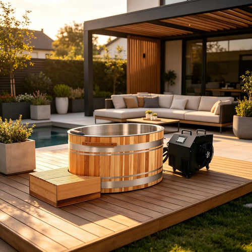 51.96  Red Cedar Cold Plunge Tub with Stainless Steel Liner, External Chiller & Wooden Step Stool for Recovery and Wellness