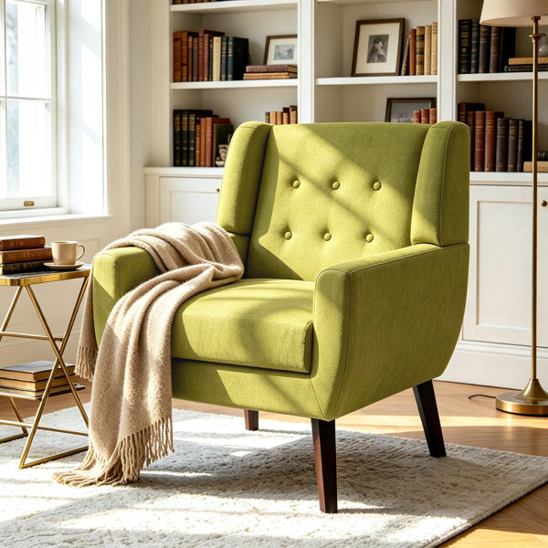Jaqueze Upholstered Green Linen Blend Tufted Wide Back Armchair with Solid Wood Legs