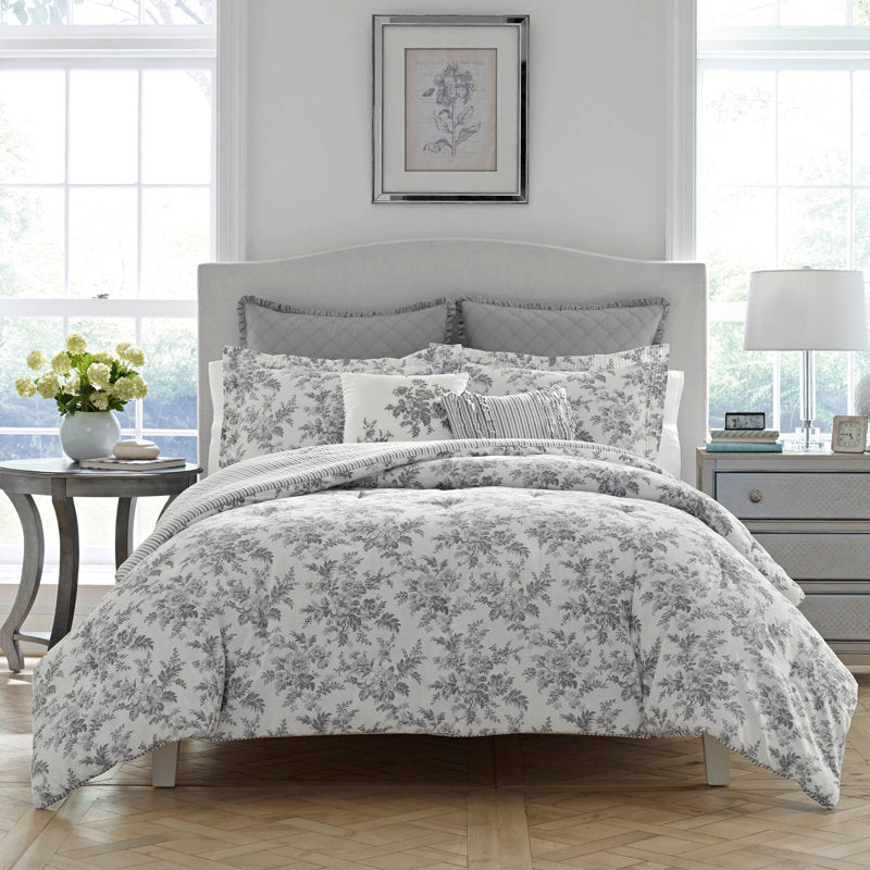 Laura Ashley Annalise Floral Grey Cotton Reversible Comforter Bonus Set
