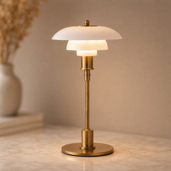 Mid-century Modern Opaline Glass Table Lamp – 1920s Inspired 3-shade Desk Lamp With Brass Finish For Bedroom, Living Room, Or Office