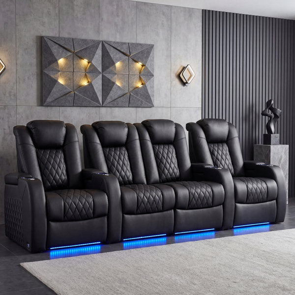Upholstered Power Reclining Home Theater Seating with Cup Holder